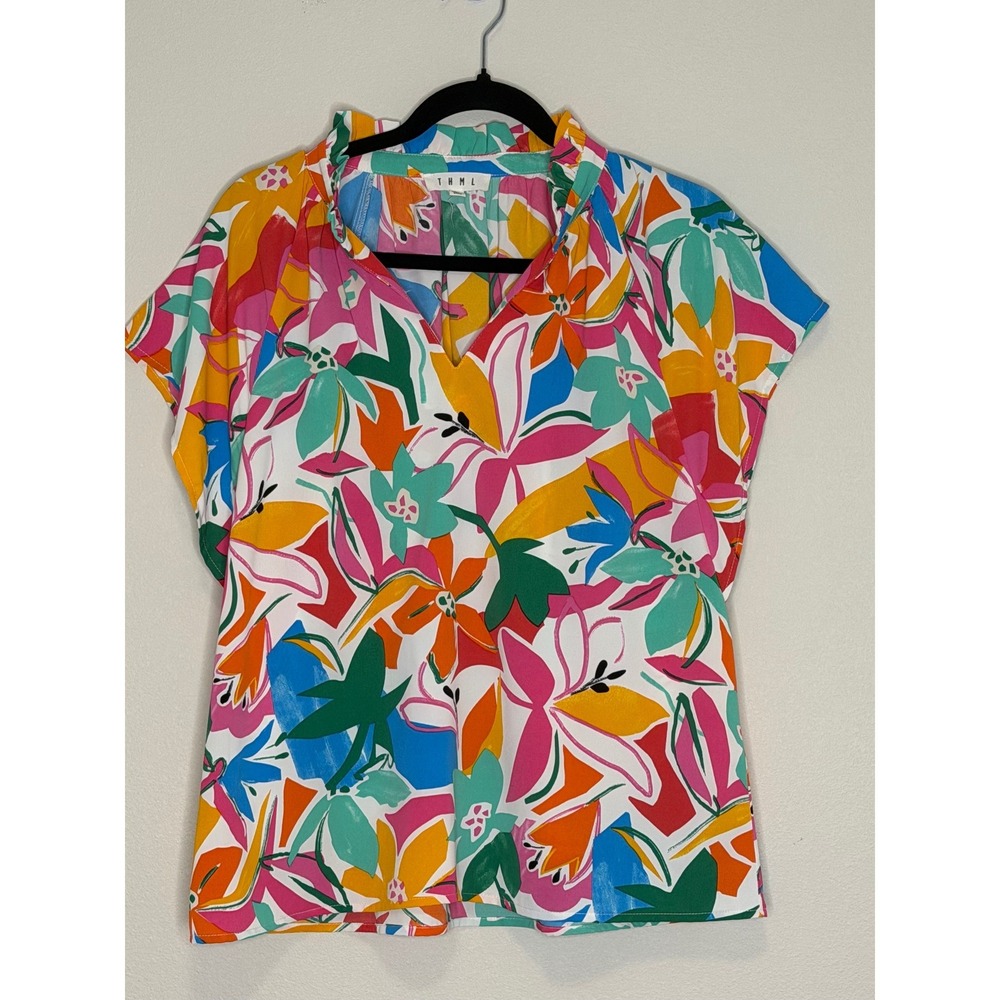 THML Women's White Floral Blouse Sz L